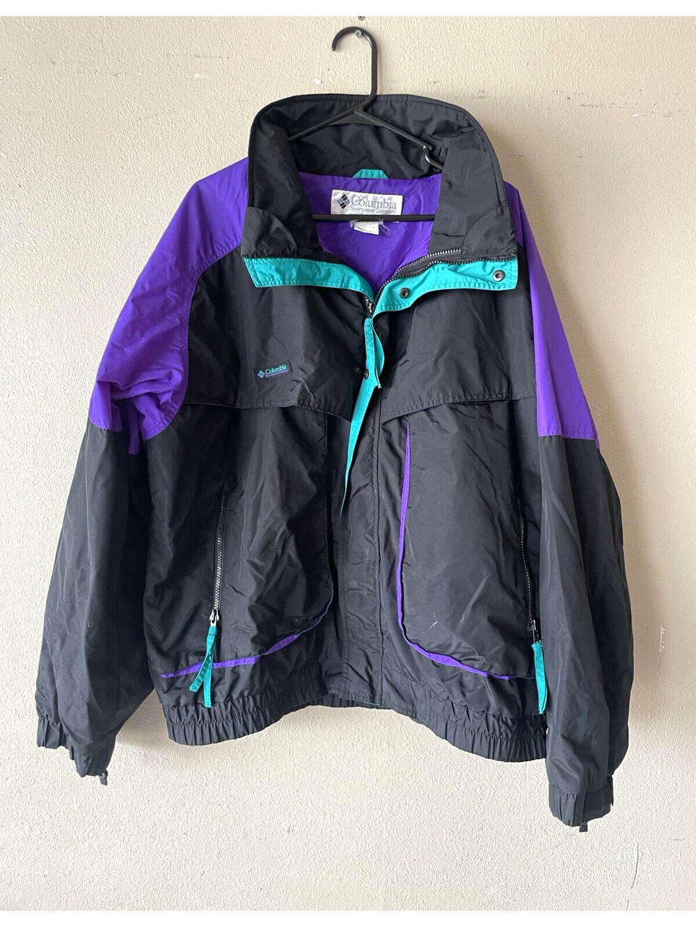 Columbia Men’s XL Colorblock Ski Jacket Black Purple Teal Full Zip Vintage